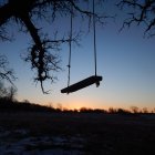 Sunset tree swing scene with vibrant sky colors and rolling hills