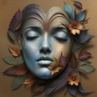 Detailed 3D artwork of serene female face with metallic leaves and flowers