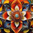 Symmetrical floral digital artwork with glossy petals in warm oranges, cool blues, and purples.