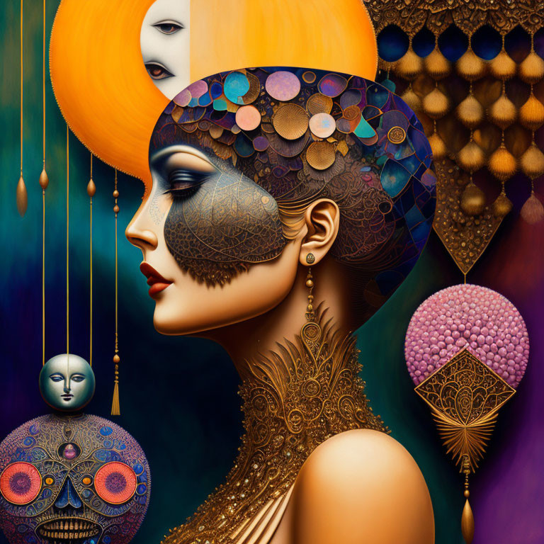 Colorful surrealist portrait of a woman with patterned skin and celestial motifs