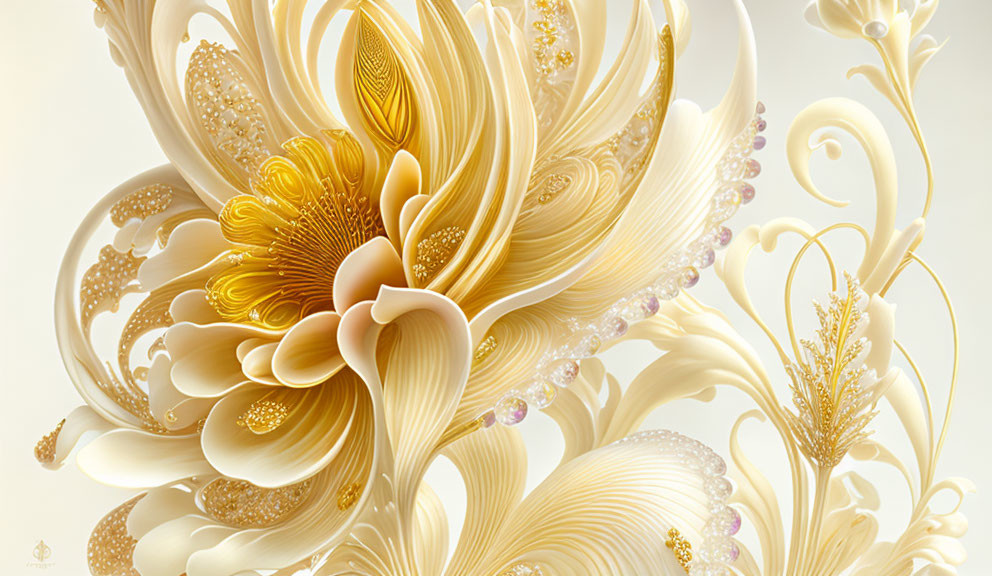 Ornate golden flowers with pearl-like embellishments on cream background