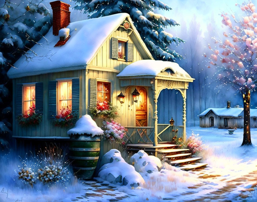 Snow-covered cottage with warm lights in serene winter setting