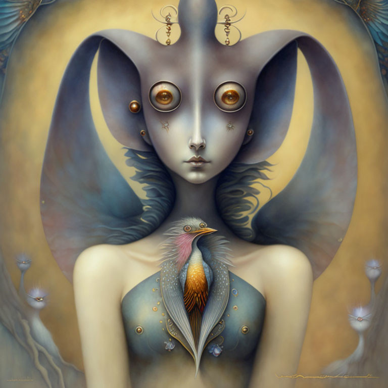 Surreal portrait: creature with multiple eyes, blue skin, bird, whimsical plants