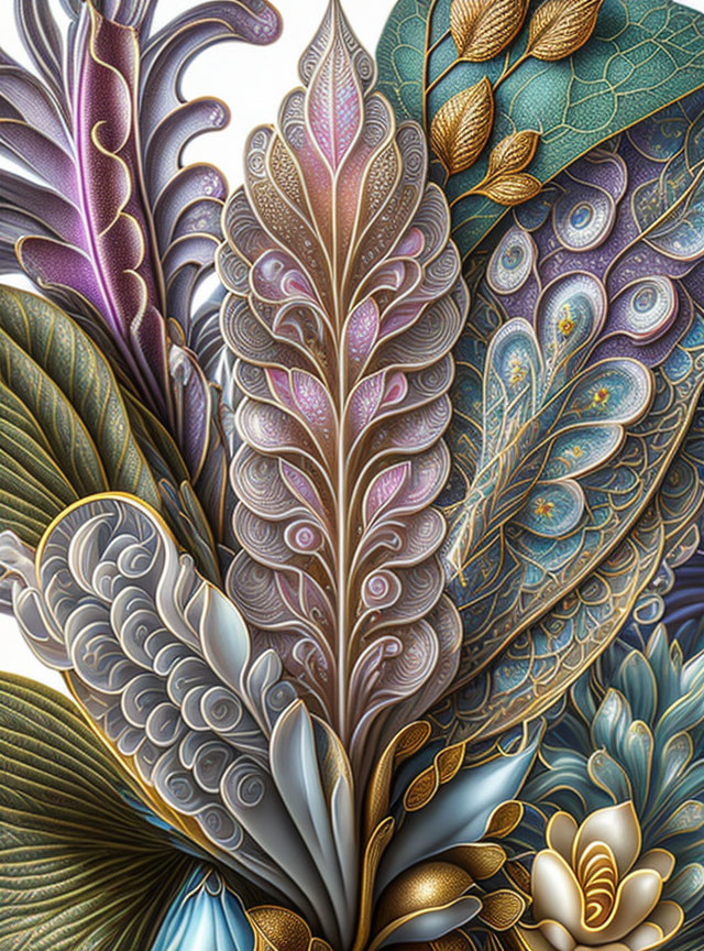 Colorful Abstract Artwork with Feather-like Patterns in Blue, Purple, Green, and Gold