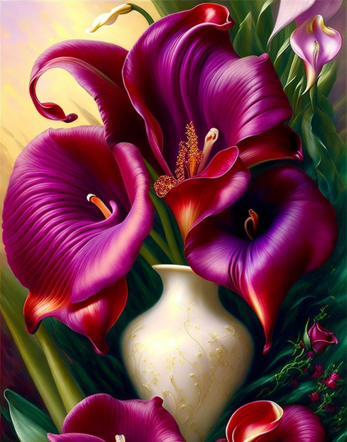 Vibrant digital art of purple calla lilies in a white vase on warm backdrop