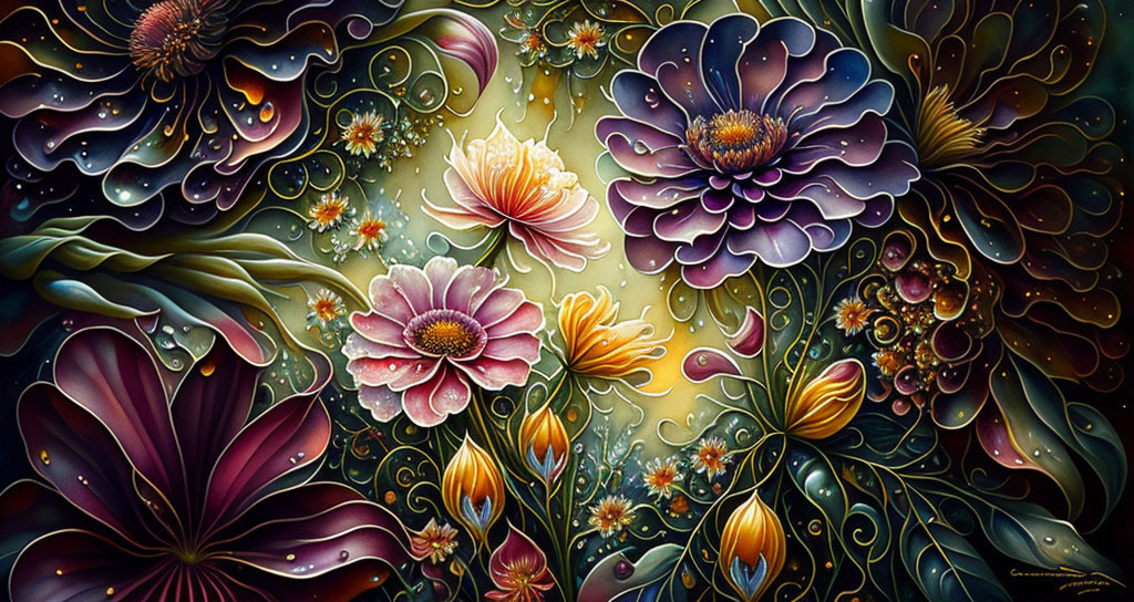 Colorful Blooming Flowers Painting on Dark Background