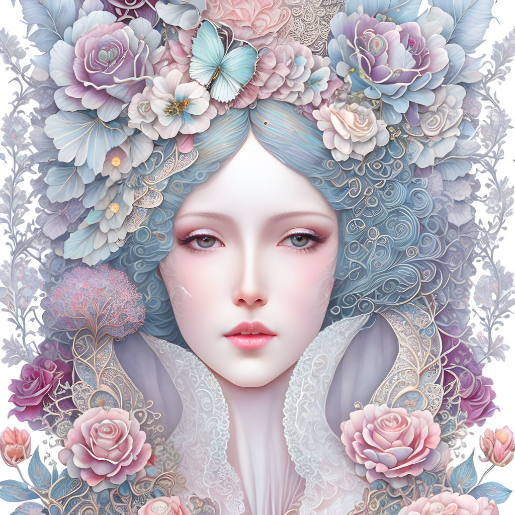 Detailed illustration of serene woman with floral headdress and butterfly