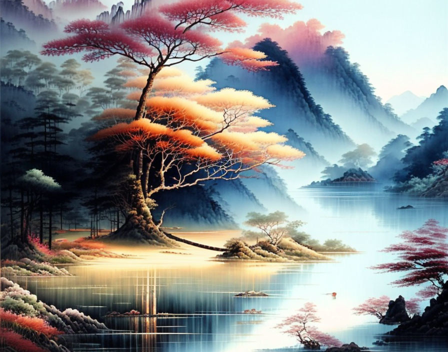 Tranquil landscape with vibrant tree, pink foliage, lakes, misty mountains