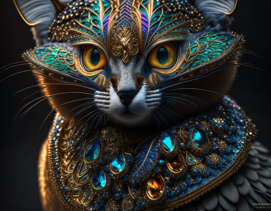 Detailed digital artwork: Cat with ornate jewel-encrusted headgear and collar, vibrant colors