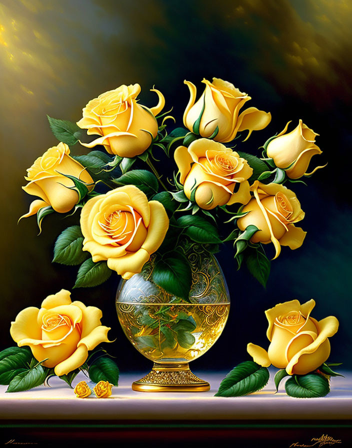 Vibrant yellow roses in gold vase on dark background