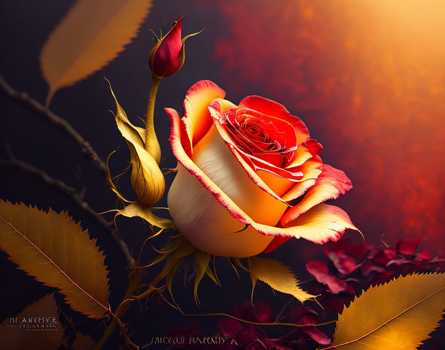 Vibrant two-tone rose with red edging on dark red-orange background