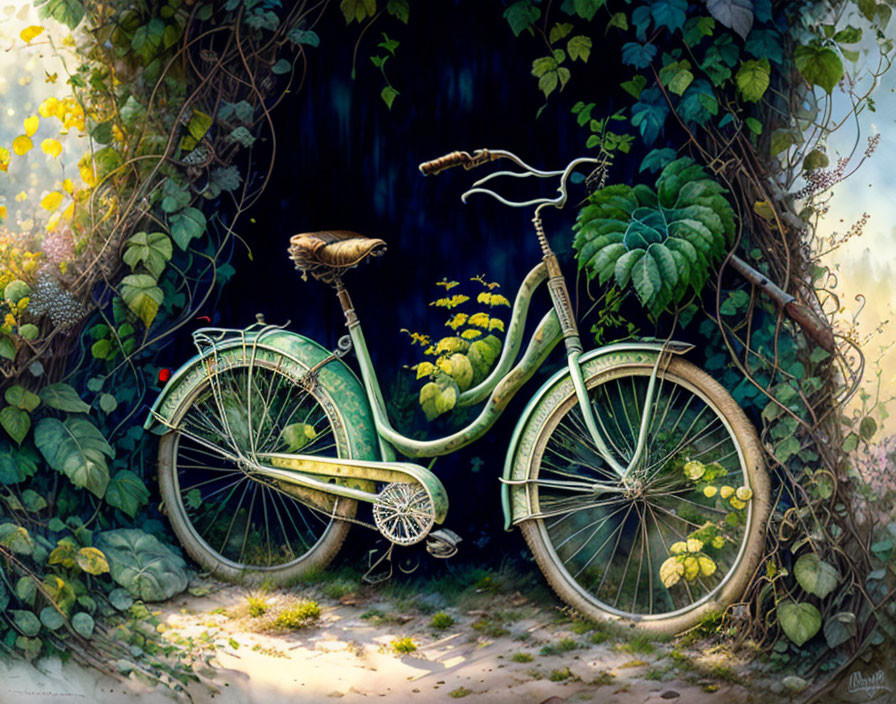 Vintage bicycle with leather saddle in lush greenery near dark opening