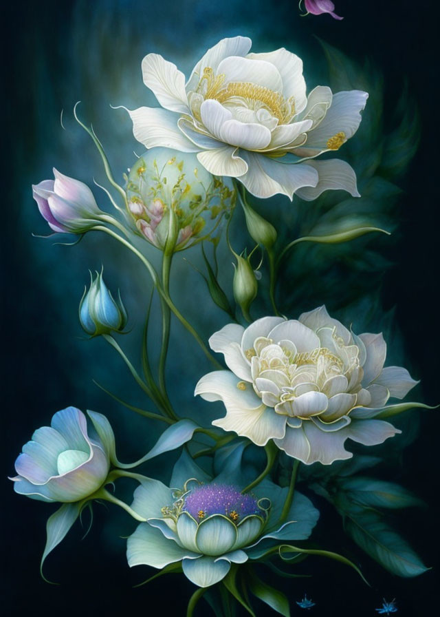 White Flower Painting on Dark Background: Delicate Blooms in Various Stages