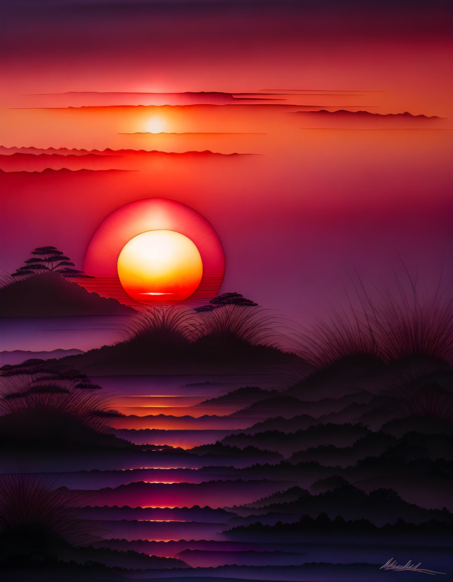 Layered landscape with gradient sunset and silhouetted hills