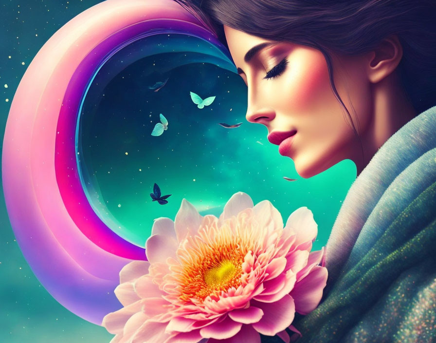 Digital artwork: Woman with cosmic swirl, butterflies, and pink flower