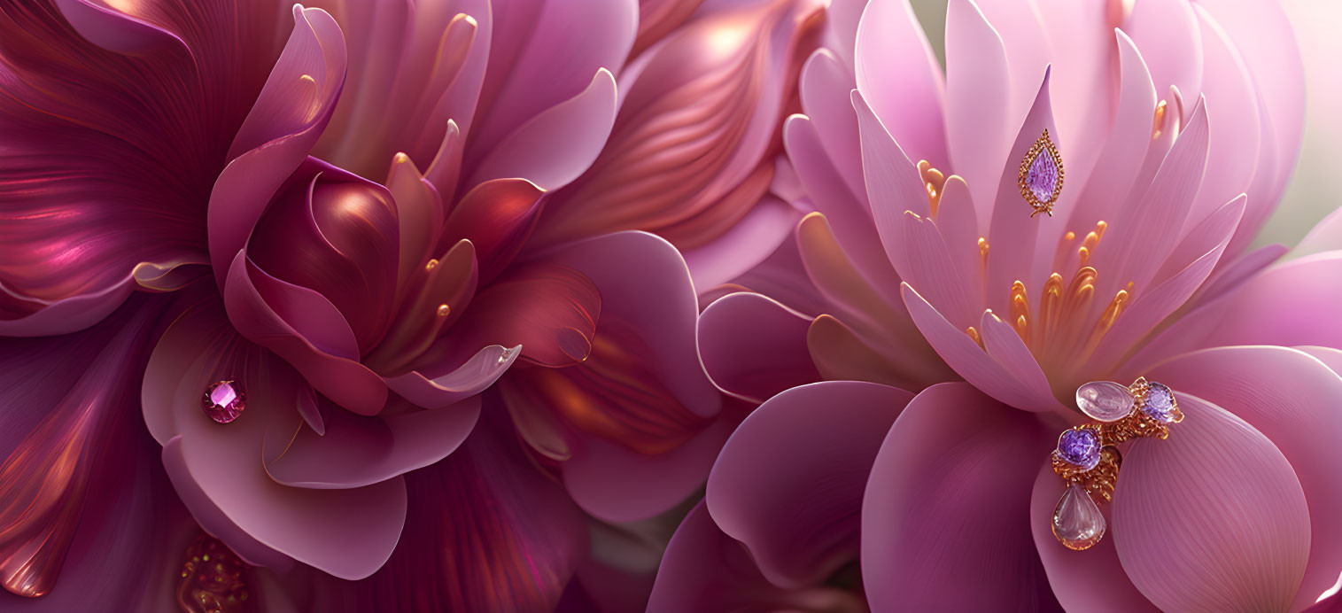 Digital Art: Stylized Purple Flowers with Gemstone Centers