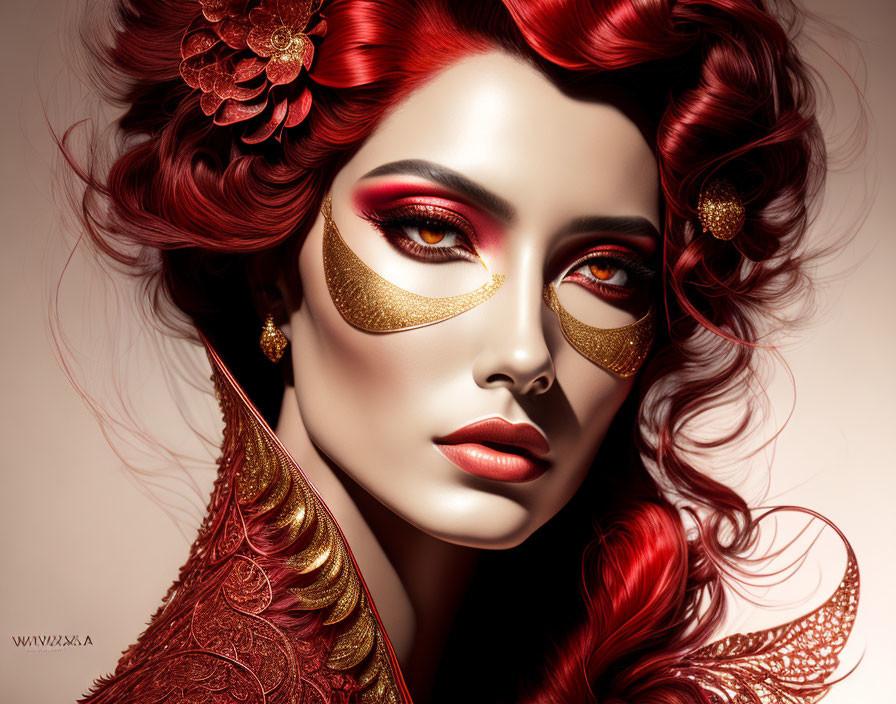 Stylized portrait: Woman with red hair, golden eye makeup, red floral accessories