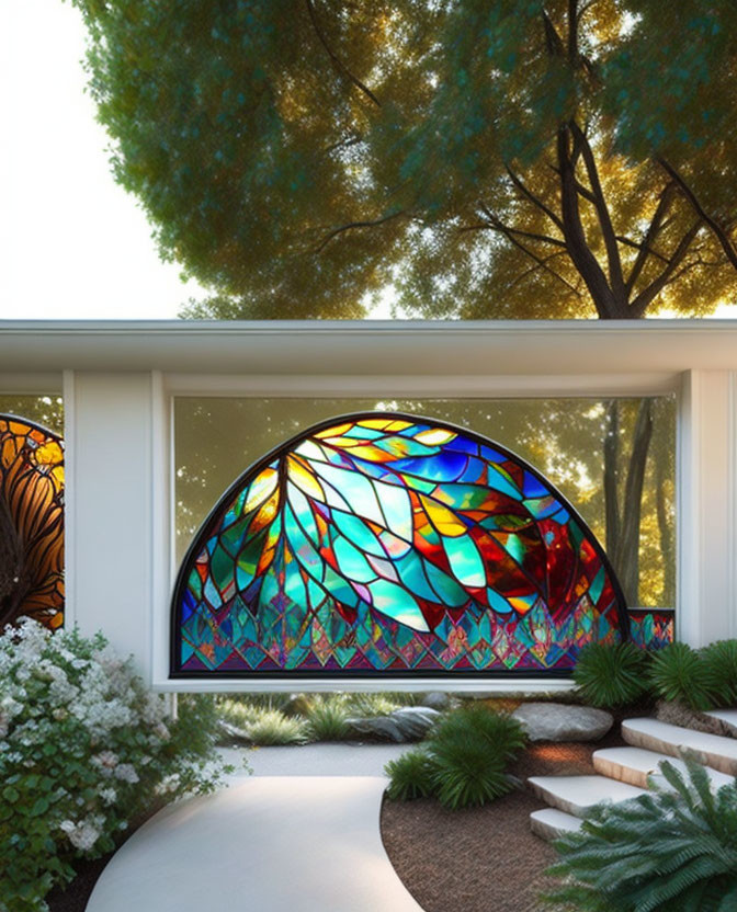 Colorful geometric stained glass window in half-dome shape overlooking lush garden.