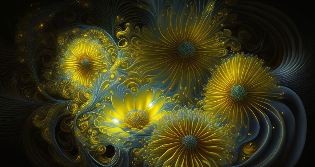 Swirling blue and gold floral motifs in vibrant digital artwork