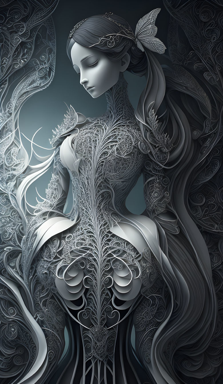 Detailed monochromatic fantasy illustration of woman with intricate clothing and hair.