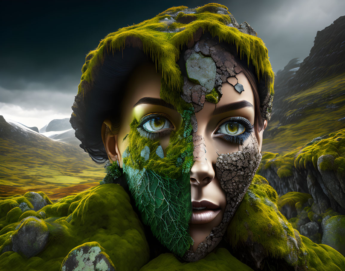 Surreal portrait blending woman with nature elements against dramatic landscape