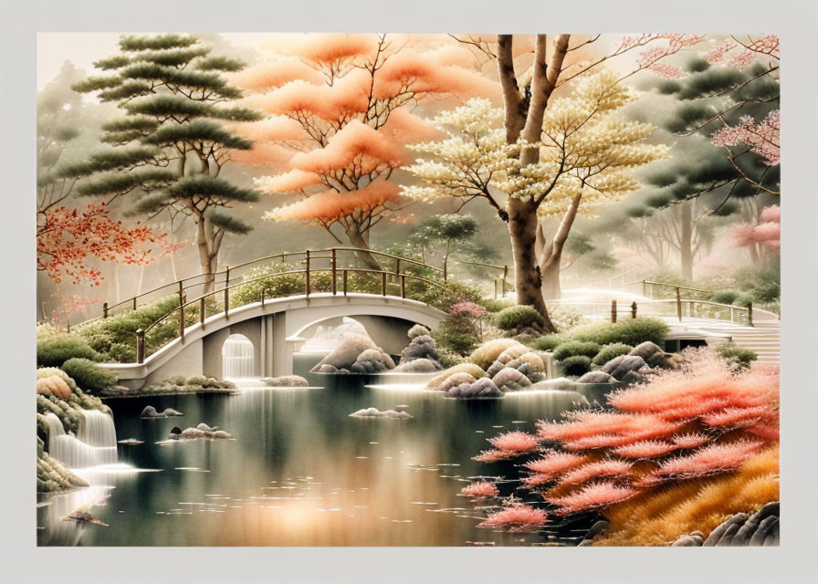 Stone bridge over pond with waterfalls and pink/white trees reflected in water