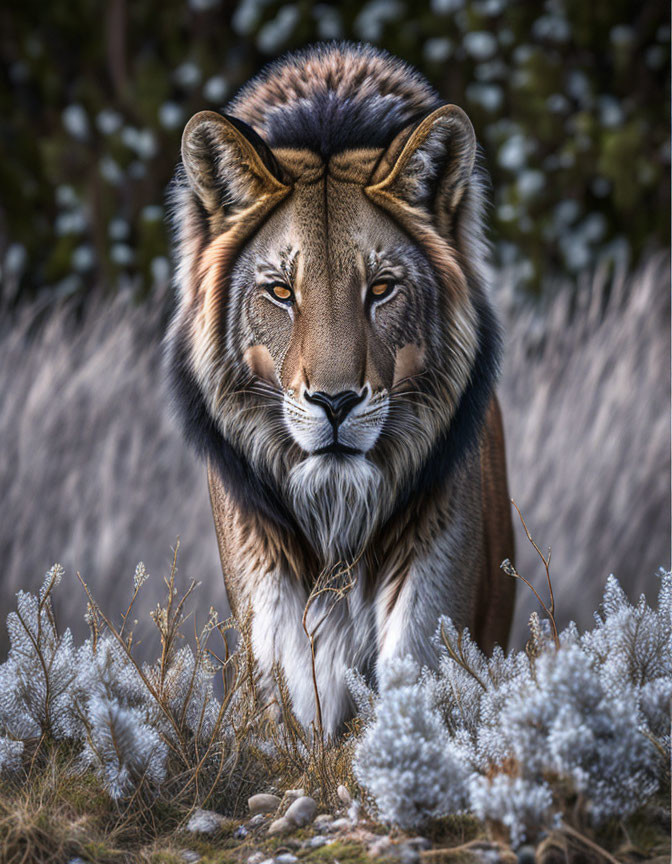 Majestic lion with long fur in nature setting