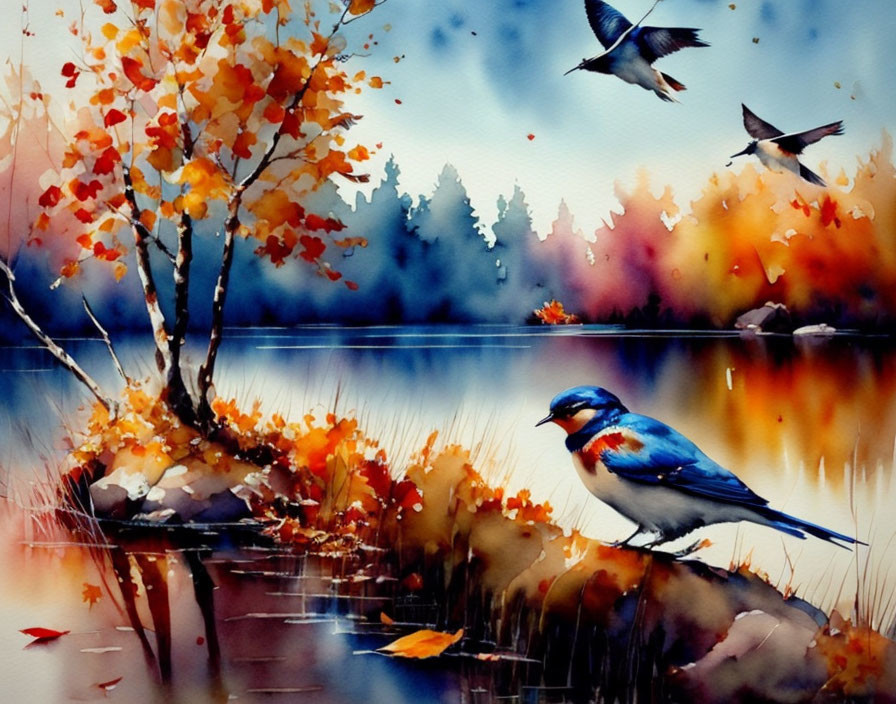 Colorful Watercolor Painting: Bird by Lakeside with Autumn Trees