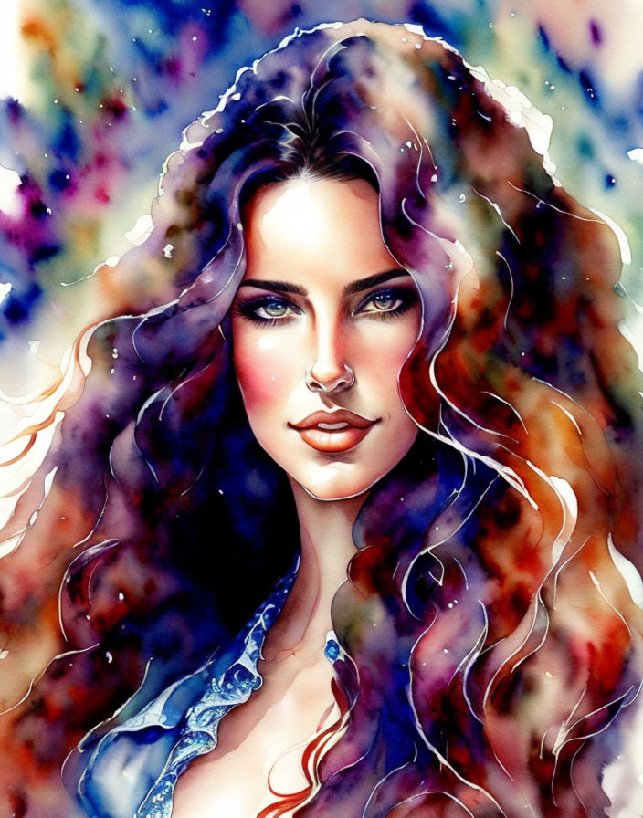 Vivid watercolor illustration of a woman with curly hair and denim shirt