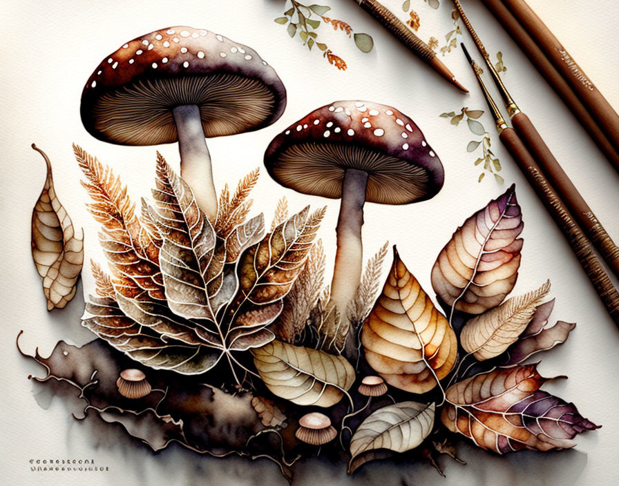 Detailed Mushroom Illustration with Autumn Leaves and Earthy Tones