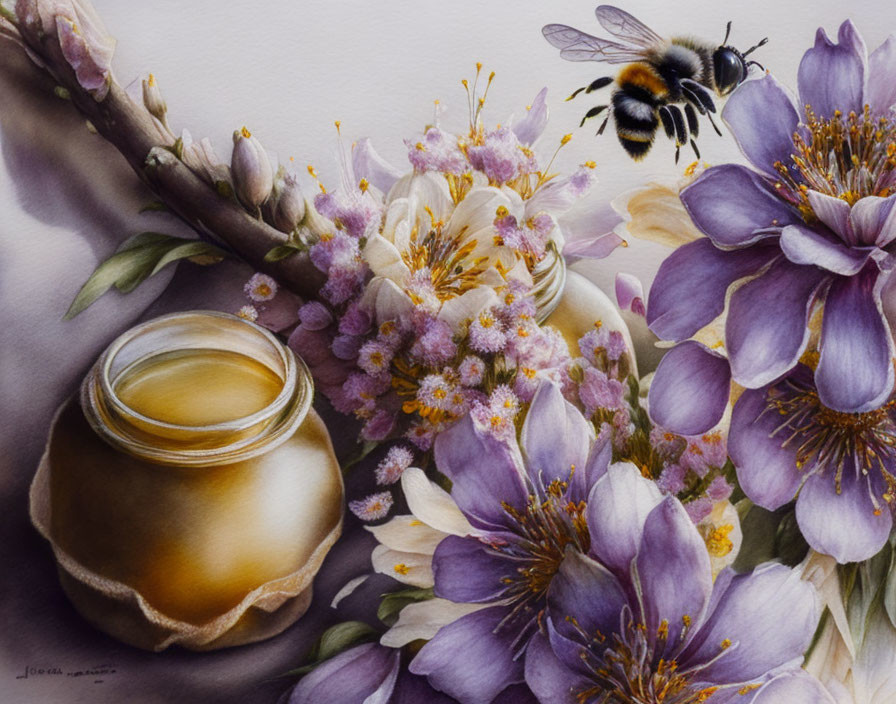 Realistic painting of honey jar, golden honey, violet flowers, bumblebee