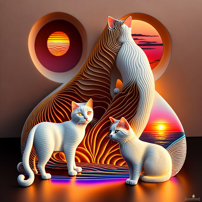 Stylized cats with striped fur patterns in surreal backdrop