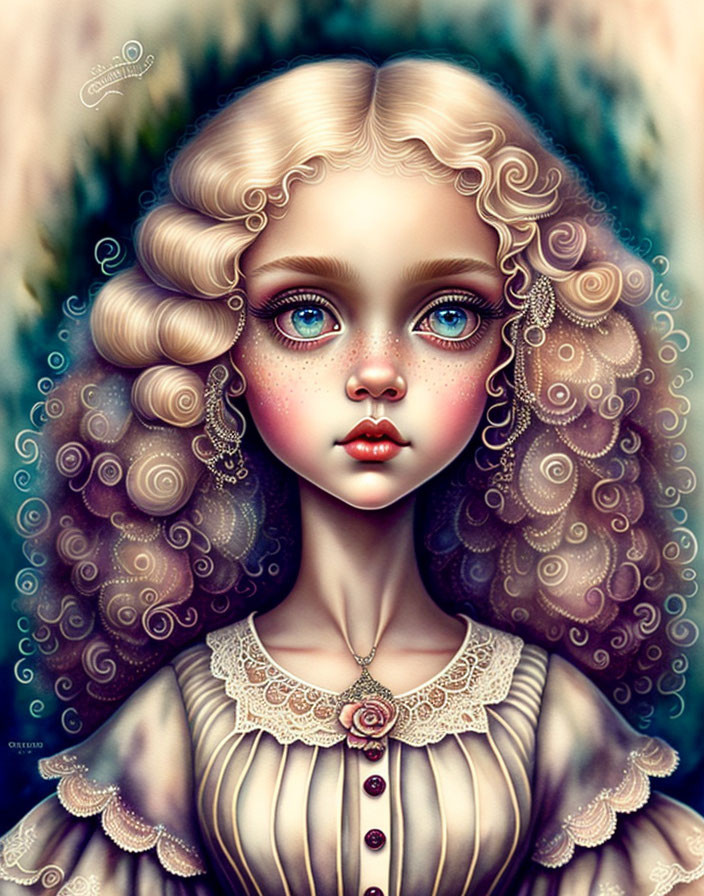 Hyperrealistic Illustration of Young Girl with Blue Eyes and Curly Blonde Hair