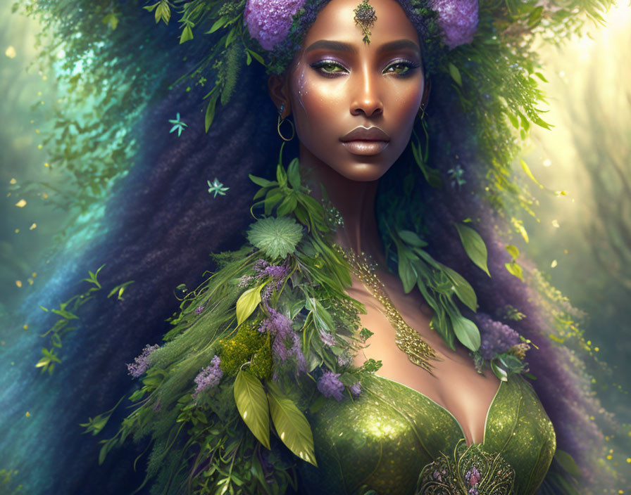 Woman portrait with forest theme and greenery in hair and dress