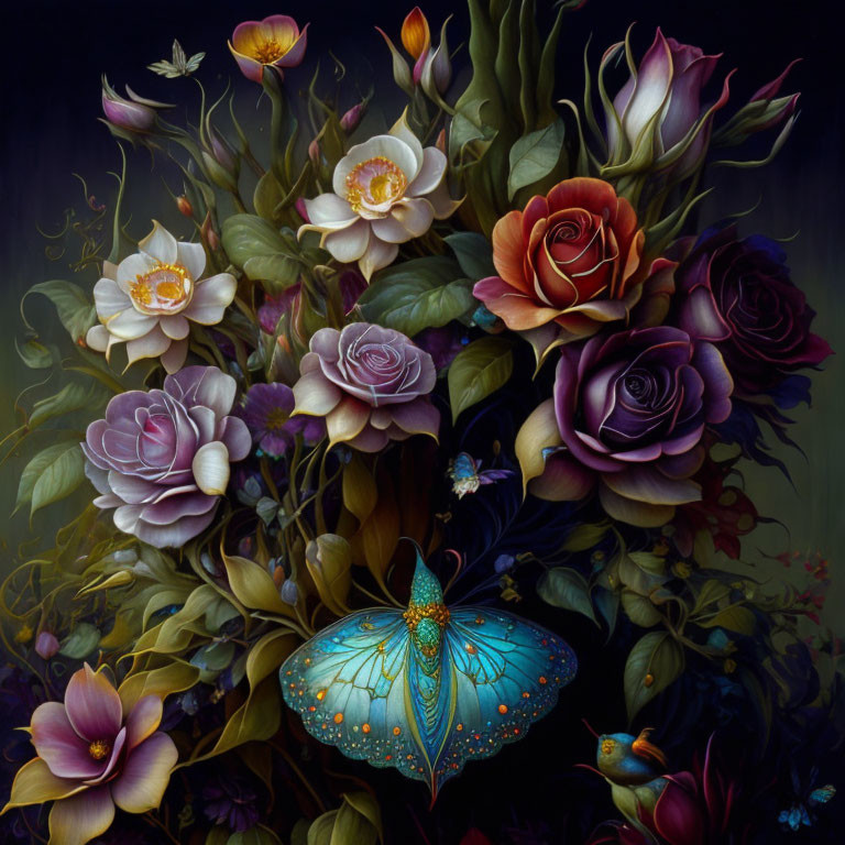 Colorful Flower Bouquet with Butterfly and Bird on Dark Background