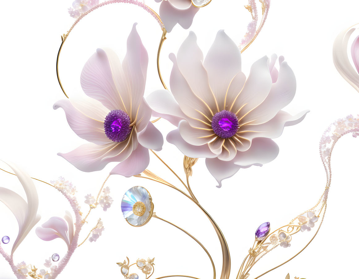 Stylized white and purple flowers with gold accents and gemstones