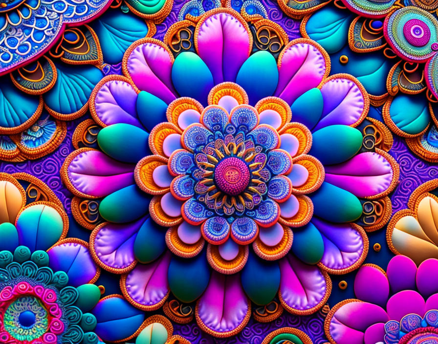 Colorful Mandala Artwork with Blues, Purples, and Orange