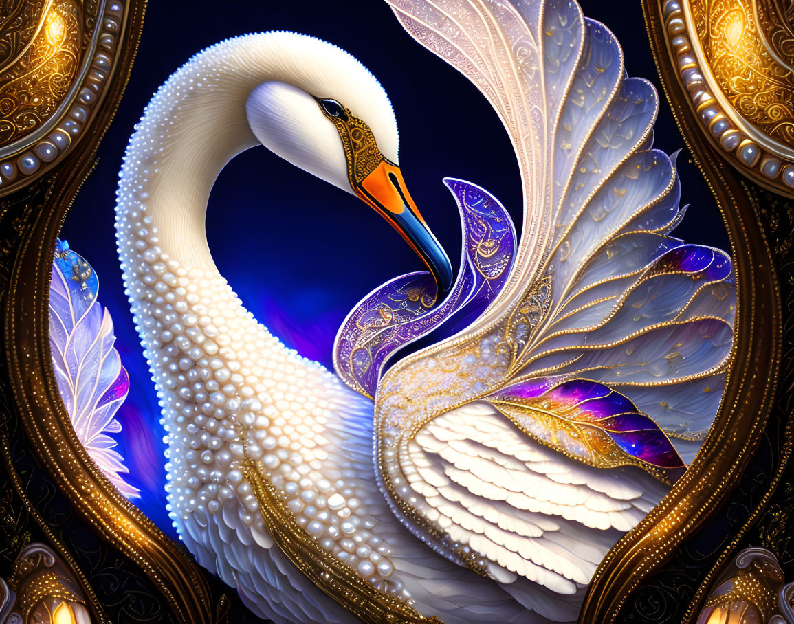 Stylized majestic swan with ornate feathers on dark blue background