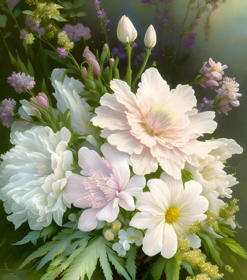 White and Pink Peonies and Tulips Bouquet on Dreamy Background