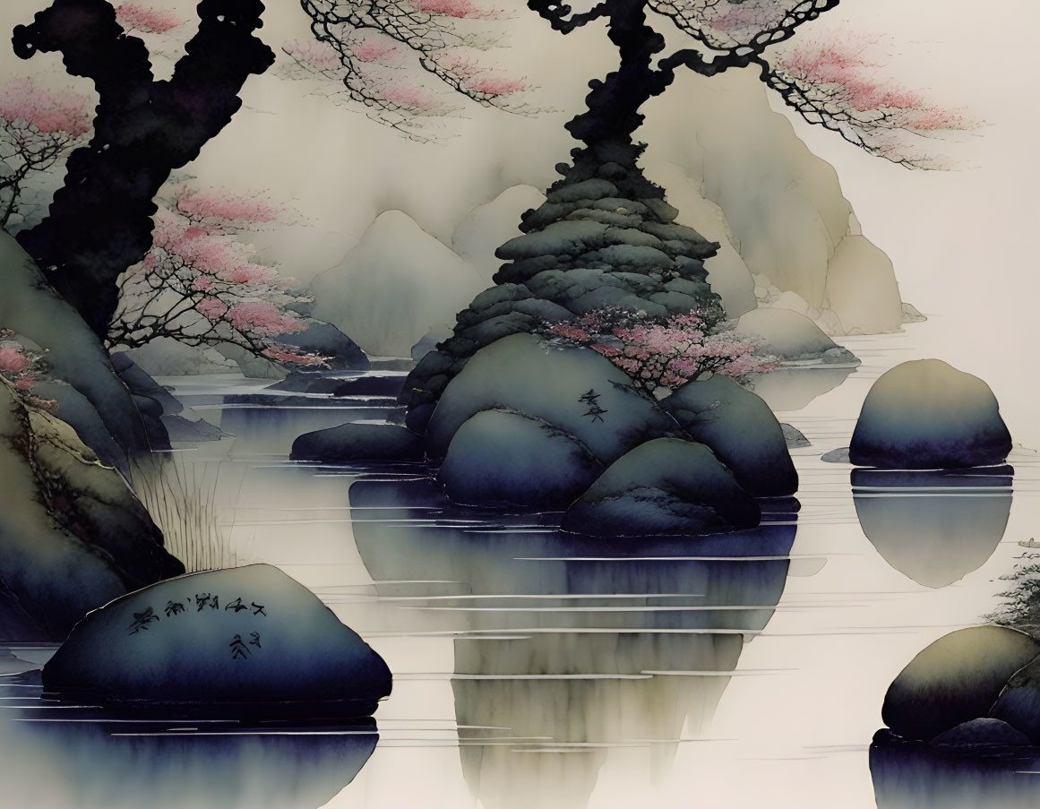 Ink-washed landscape: Serene stones, cherry blossoms, misty mountains