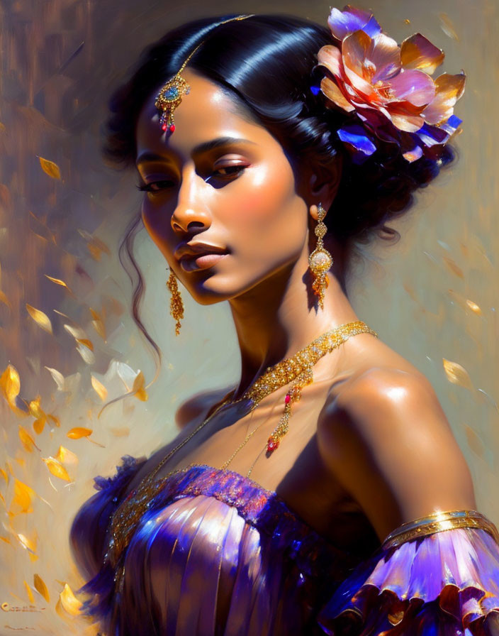 Digital painting of woman in purple dress with jewelry and flower in hair among golden leaves