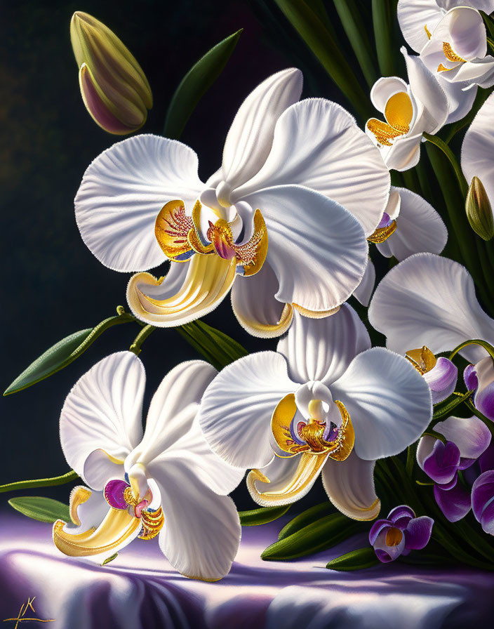 Detailed Painting of White and Purple Orchids with Yellow and Maroon Centers