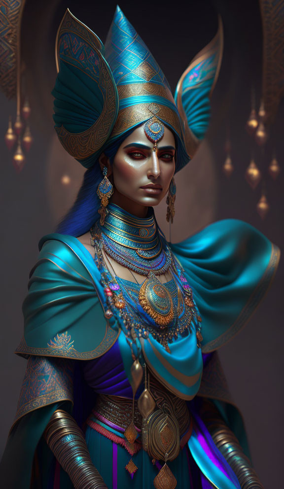 Elaborate blue and gold headdress on woman in vibrant outfit