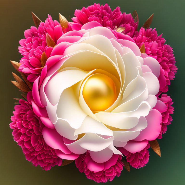 Vibrant multilayered flower with white to pink gradient petals and golden center surrounded by smaller