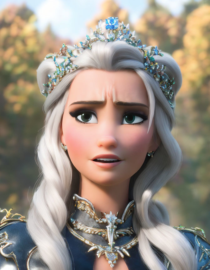 Silver-Haired Animated Character with Jeweled Crown in Autumnal Scene