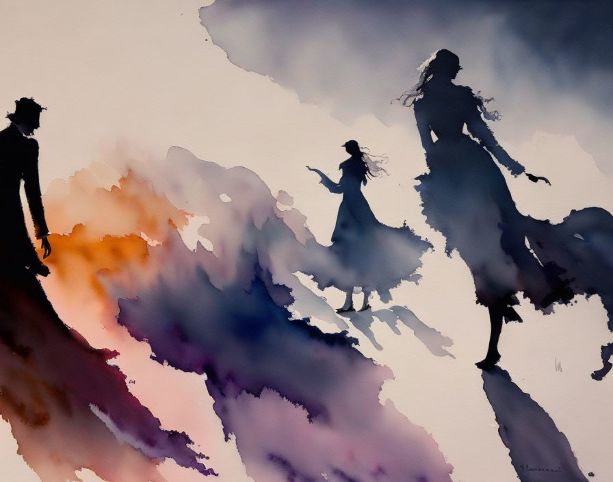 Vibrant watercolor silhouettes with abstract splashes of color