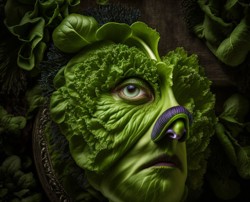 Human face merged with green lettuce textures and colors.