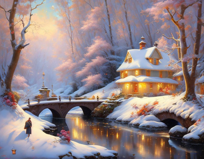 Snowy winter landscape with frozen river, bridge, and cozy house by trees