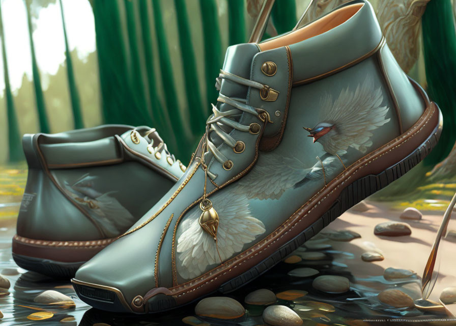 Green Boots with Forest and Bird Design on Nature Background