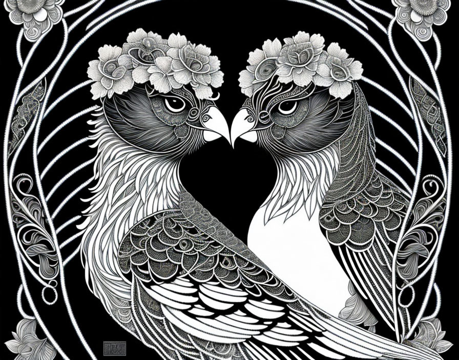 Stylized birds with floral headpieces in heart shape on black background